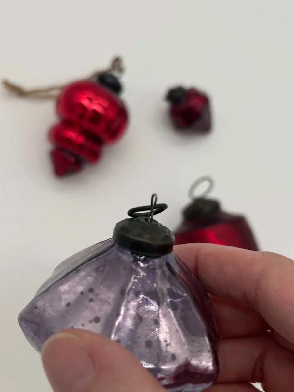4 Vintage Kugel Style Glass Ribbed Teardrop Christmas Ornaments Red